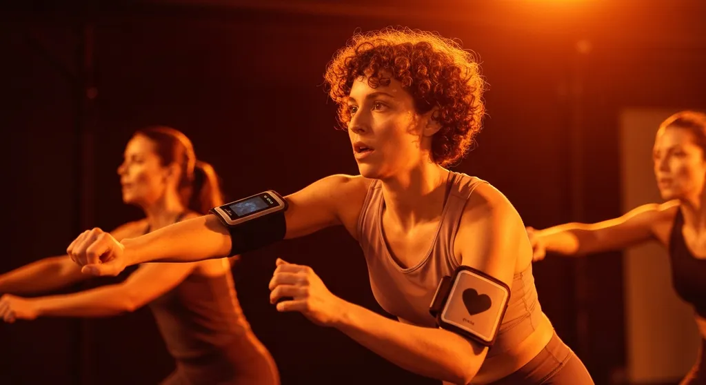 Person wearing heart rate monitor during intense group fitness class with orange lighting
