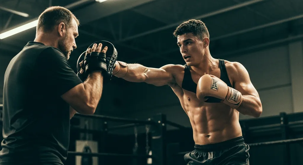Boxer throwing a jab at focus pads held by a coach in a dimly lit boxing gym