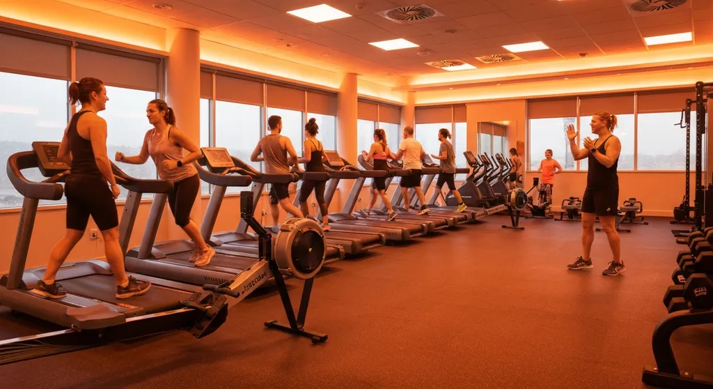 Group fitness class with treadmills and rowing machines under orange accent lighting