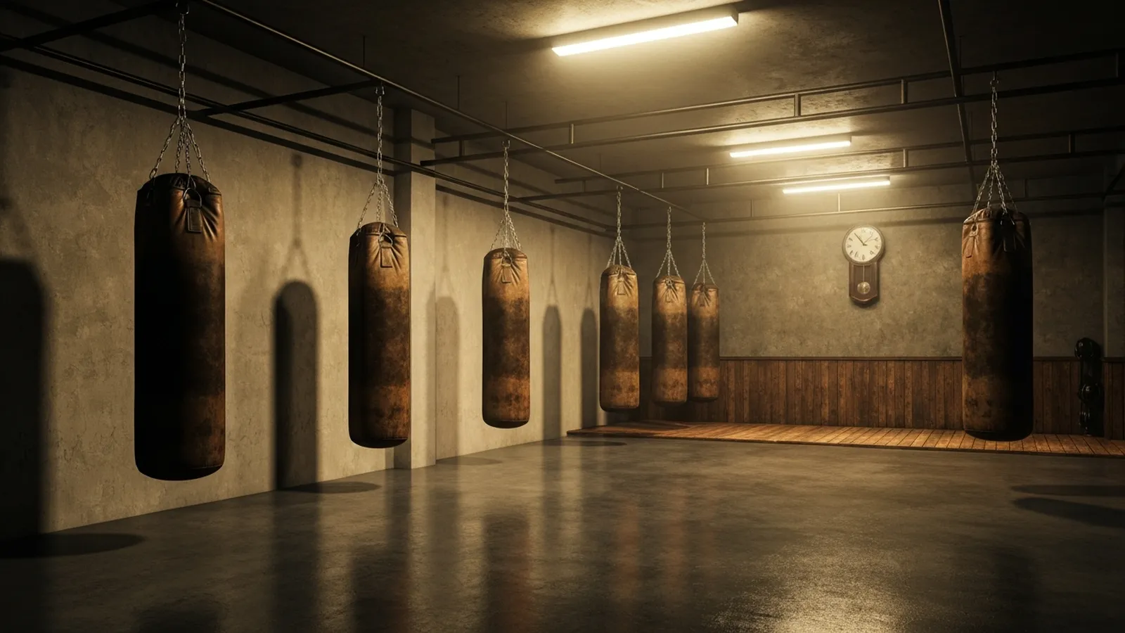 Boxing gym interior with heavy bag under warm lighting compared to group fitness studio