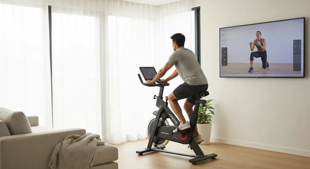 Person riding a Peloton-style exercise bike alone in a modern living room