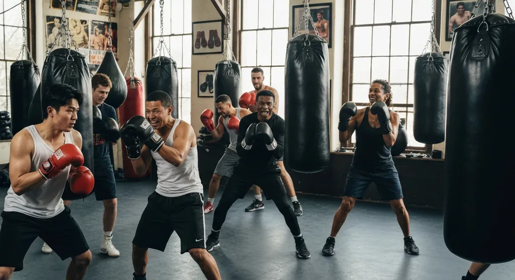Group of boxers training together in a community boxing gym with punching bags