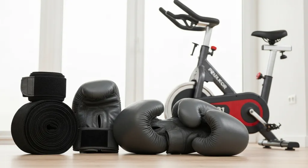 Boxing wraps and gloves laid out next to exercise equipment showing different training approaches