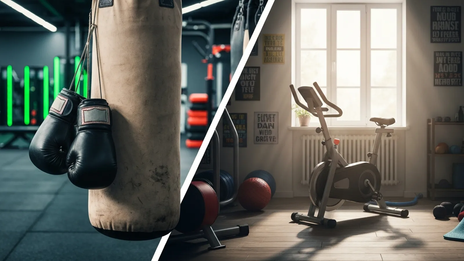 Boxing gloves hanging beside a stationary exercise bike showing gym versus home training
