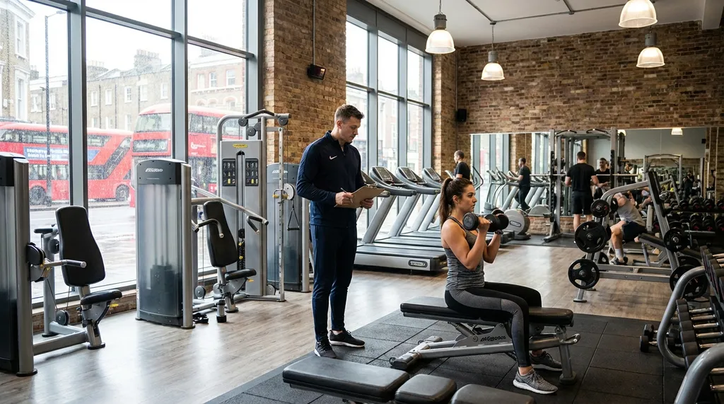 Personal trainer with clipboard watching a client perform exercises in a bright modern London gym