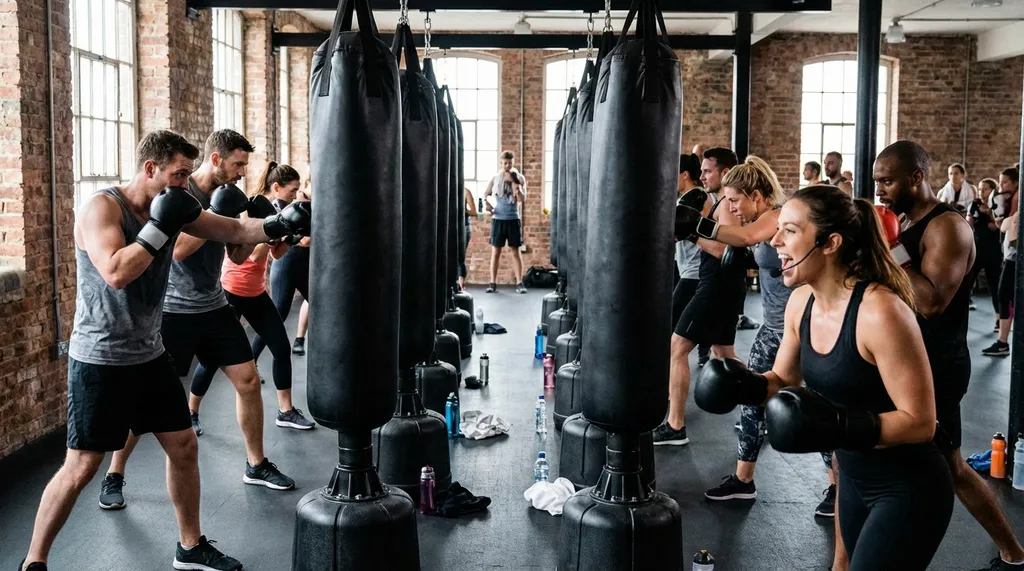 Energetic group boxing class with men and women training on heavy bags in a community boxing gym