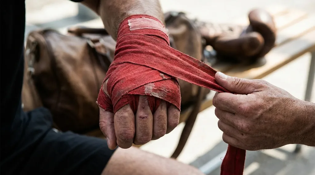 Close-up of a boxer carefully wrapping red hand wraps before a training session, showing the ritual of preparation