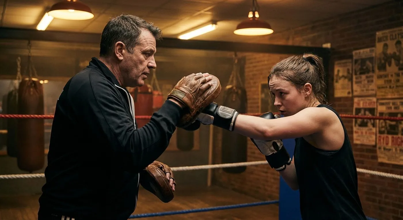 Personal trainer coaching a client in a modern gym compared to a boxing coach holding pads in a community boxing club