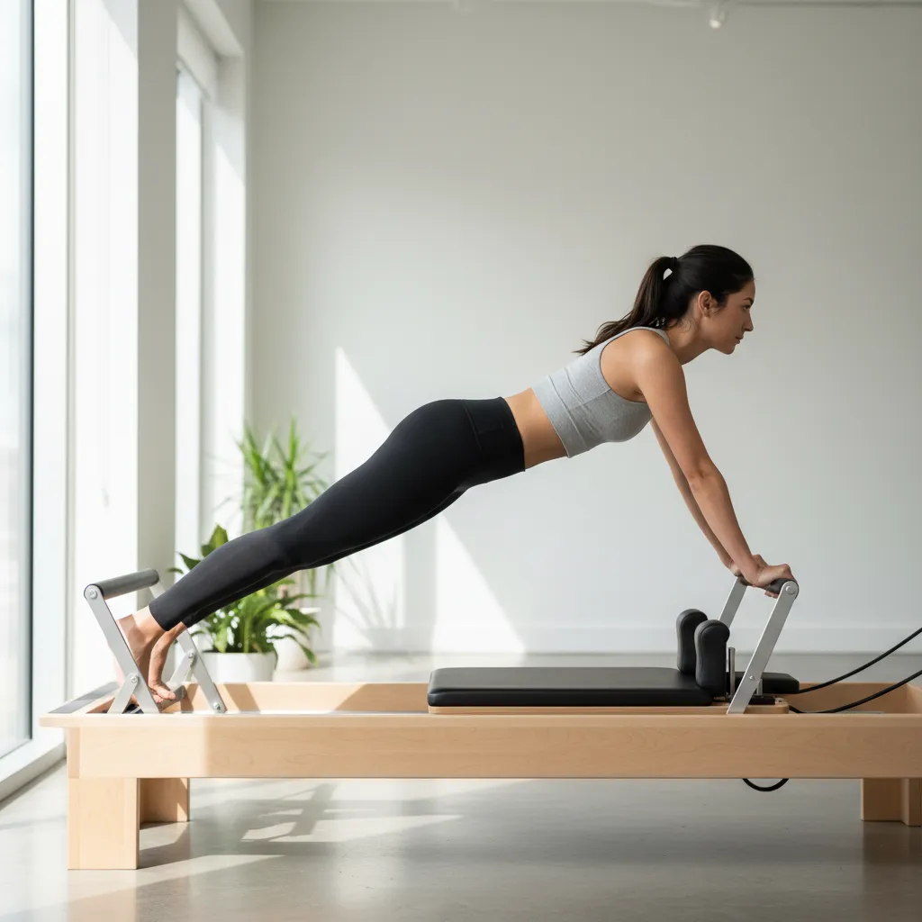 Woman performing a controlled reformer Pilates exercise in a bright modern studio with natural lighting