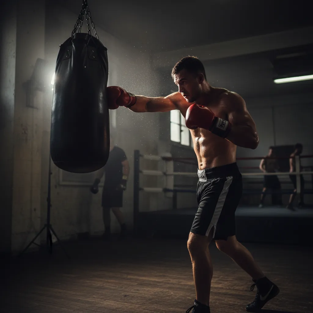 Boxer throwing a powerful hook at a heavy bag in a dimly lit gym with dramatic side lighting