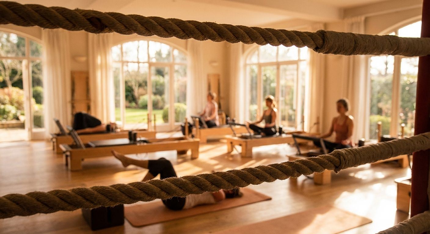 Boxer training on pads next to a Pilates reformer class in a modern studio