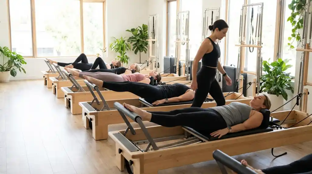 Reformer Pilates class in a bright studio, people on machines doing controlled movements