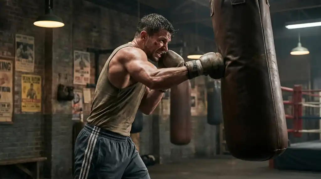 Boxer throwing rotational punches on the heavy bag, showing explosive core power