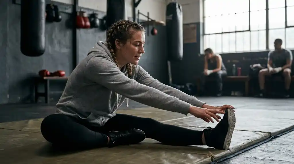 Boxer stretching after a session, showing the flexibility and recovery side of boxing