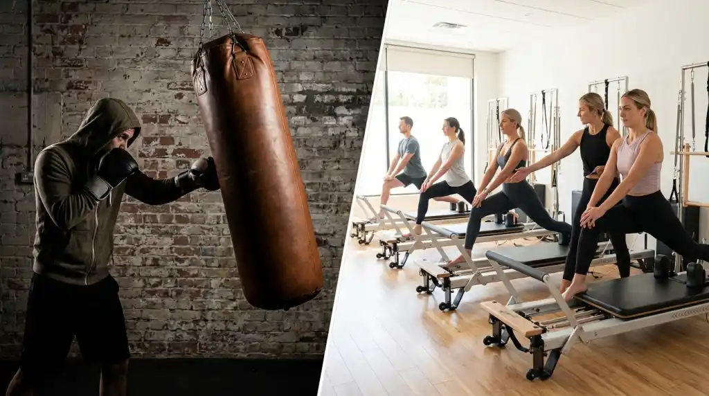 Boxing training contrasted with a Reformer Pilates session, two approaches to core strength