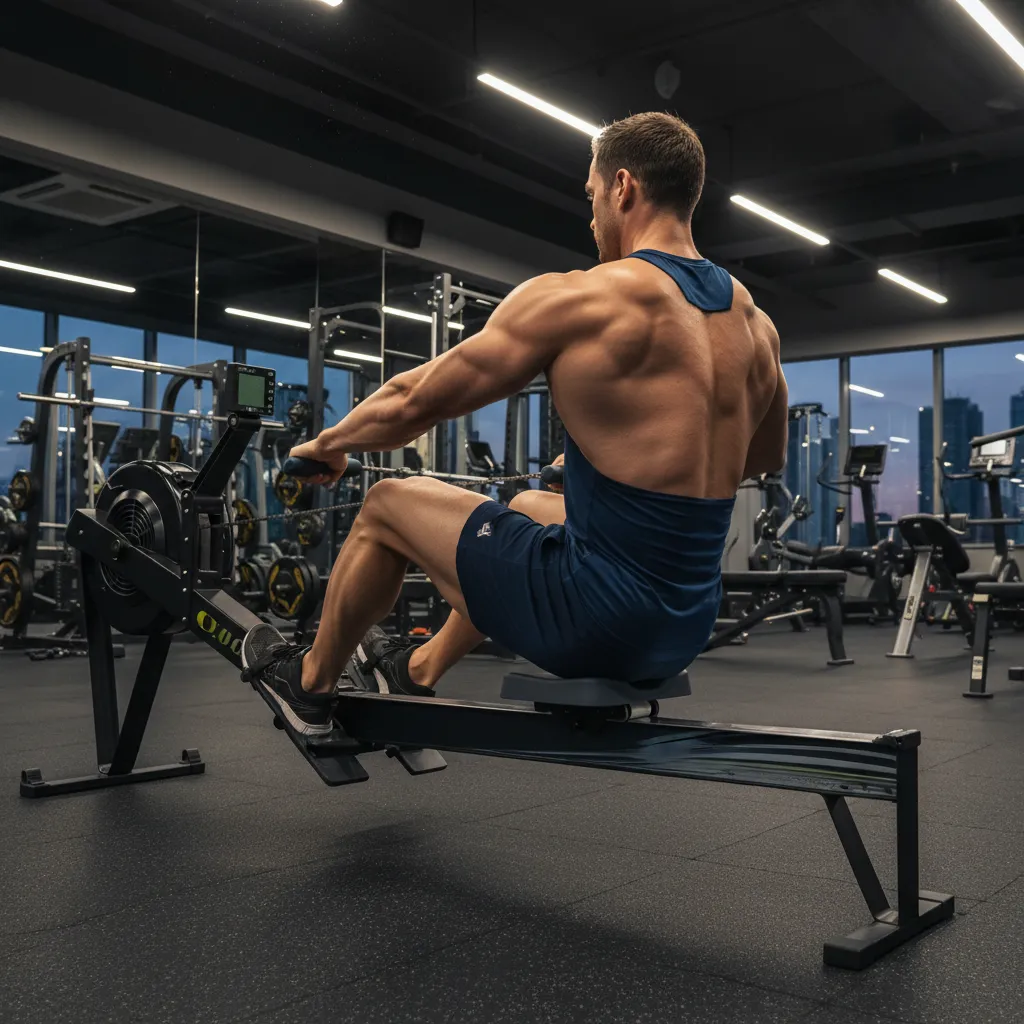 Person rowing on a Concept2 ergometer in a gym showing powerful drive phase with back and legs engaged