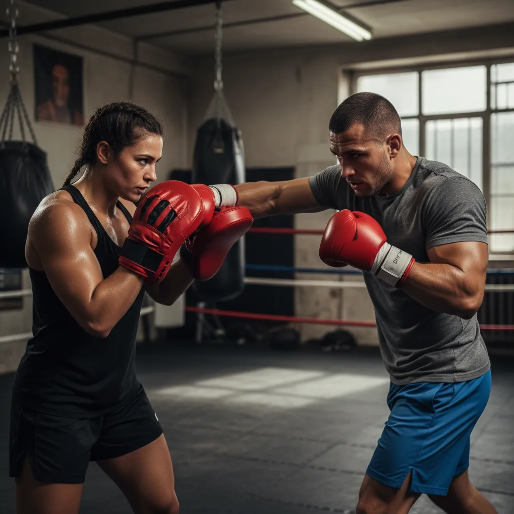 Two boxers doing partner pad work in a gym with one holding pads and the other throwing a cross punch