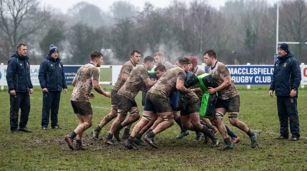 Rugby training session with players doing tackle drills on a muddy pitch in cold English weather