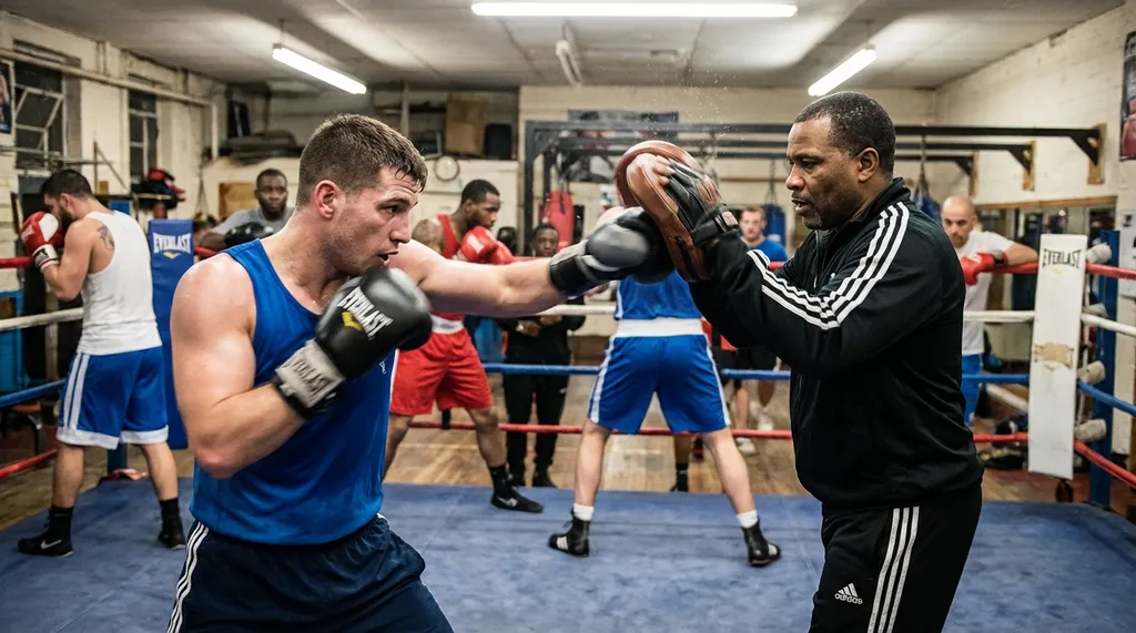 Boxer doing pad work with a coach in a community gym, throwing combination punches with motion blur on the gloves