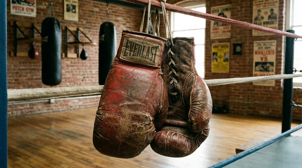 Close-up of boxing gloves hanging on the ropes of a boxing ring with traditional gym background, worn leather texture