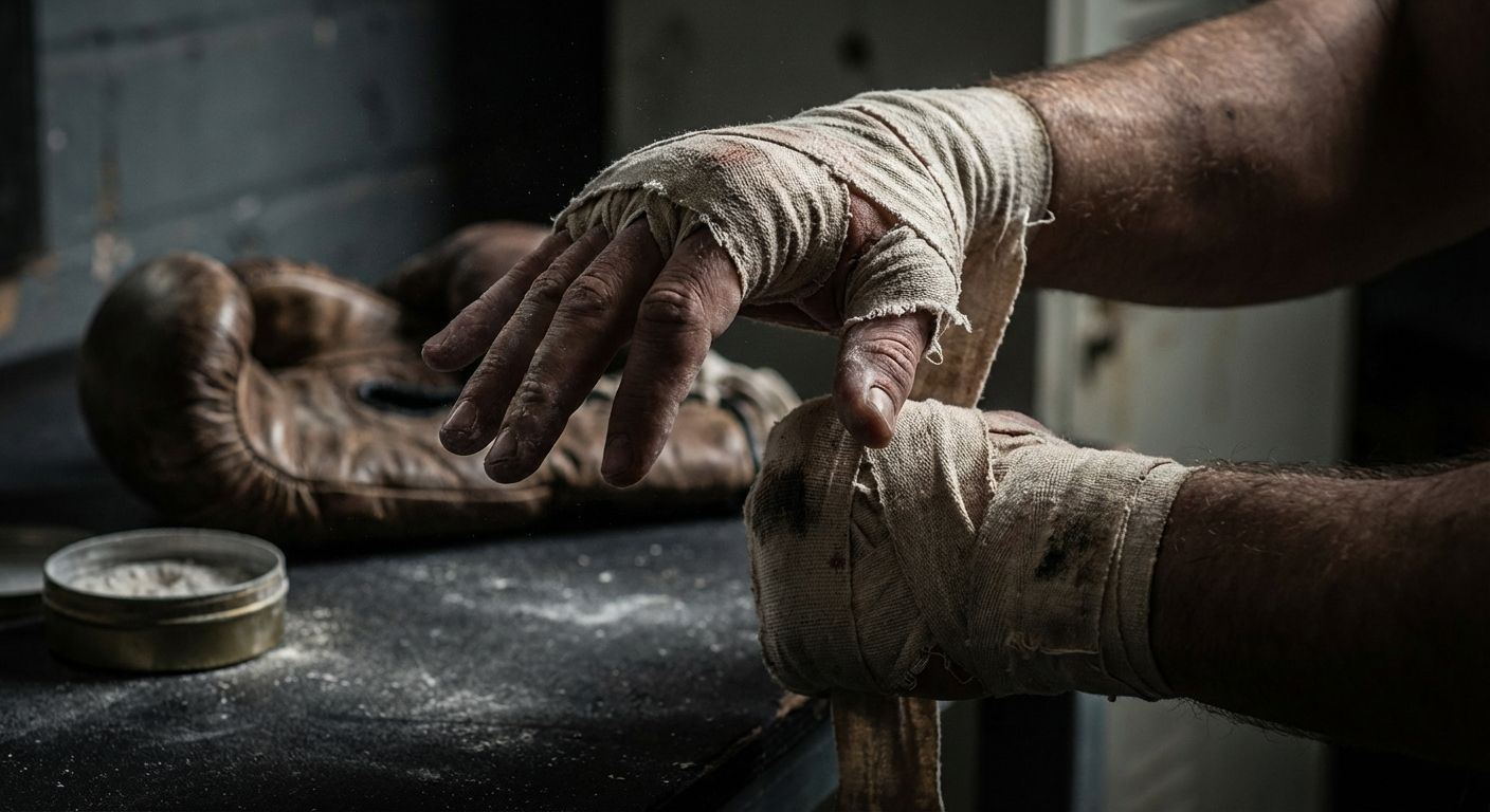 Boxer in a dark gym compared with rugby players training on a pitch in English weather