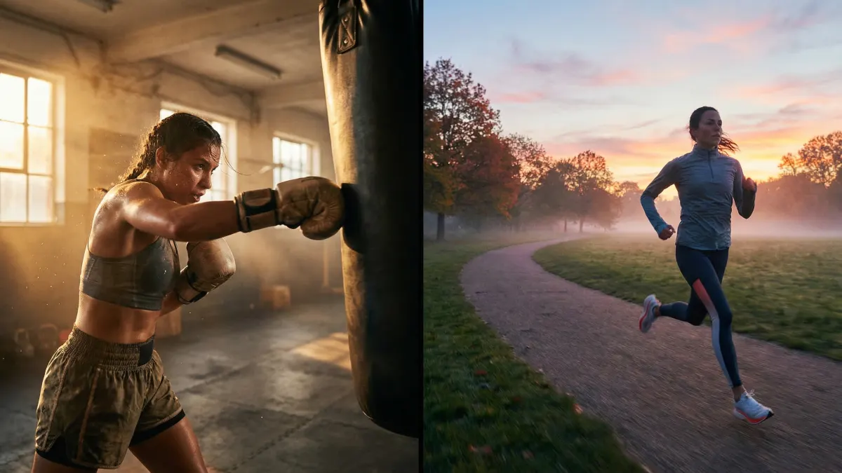 Boxer hitting a heavy bag on the left, runner on a park path on the right