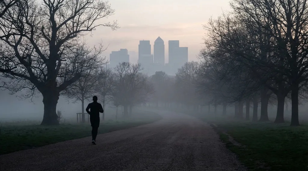 Runner alone on a misty park path at dawn with grey sky, contemplative mood