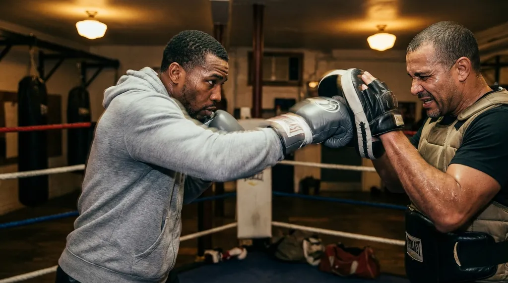 Boxer doing intense pad work with trainer, dynamic motion and sweat visible in dark gym
