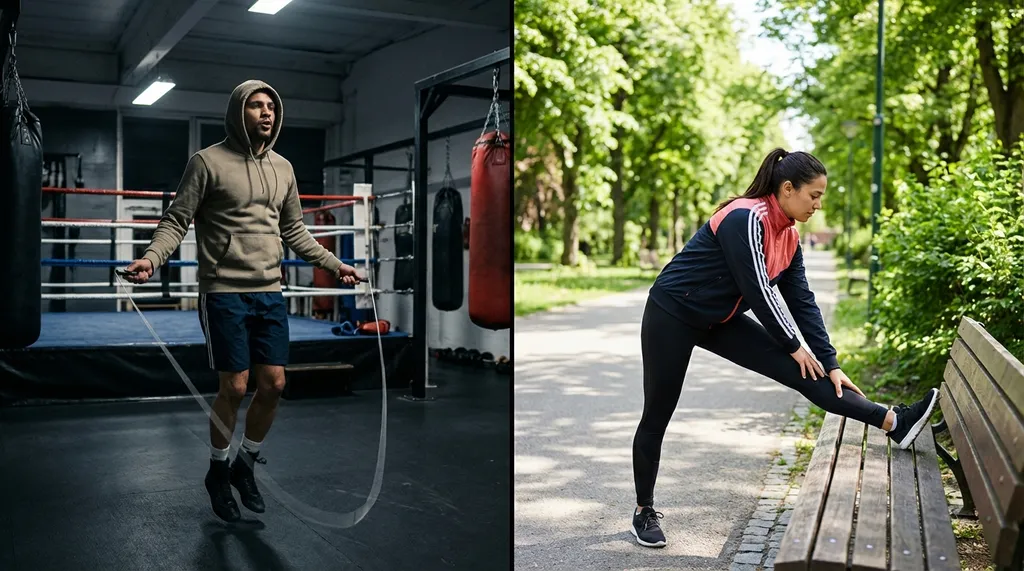 Athlete preparing for training, skipping rope in a gym alongside a runner stretching on a park bench