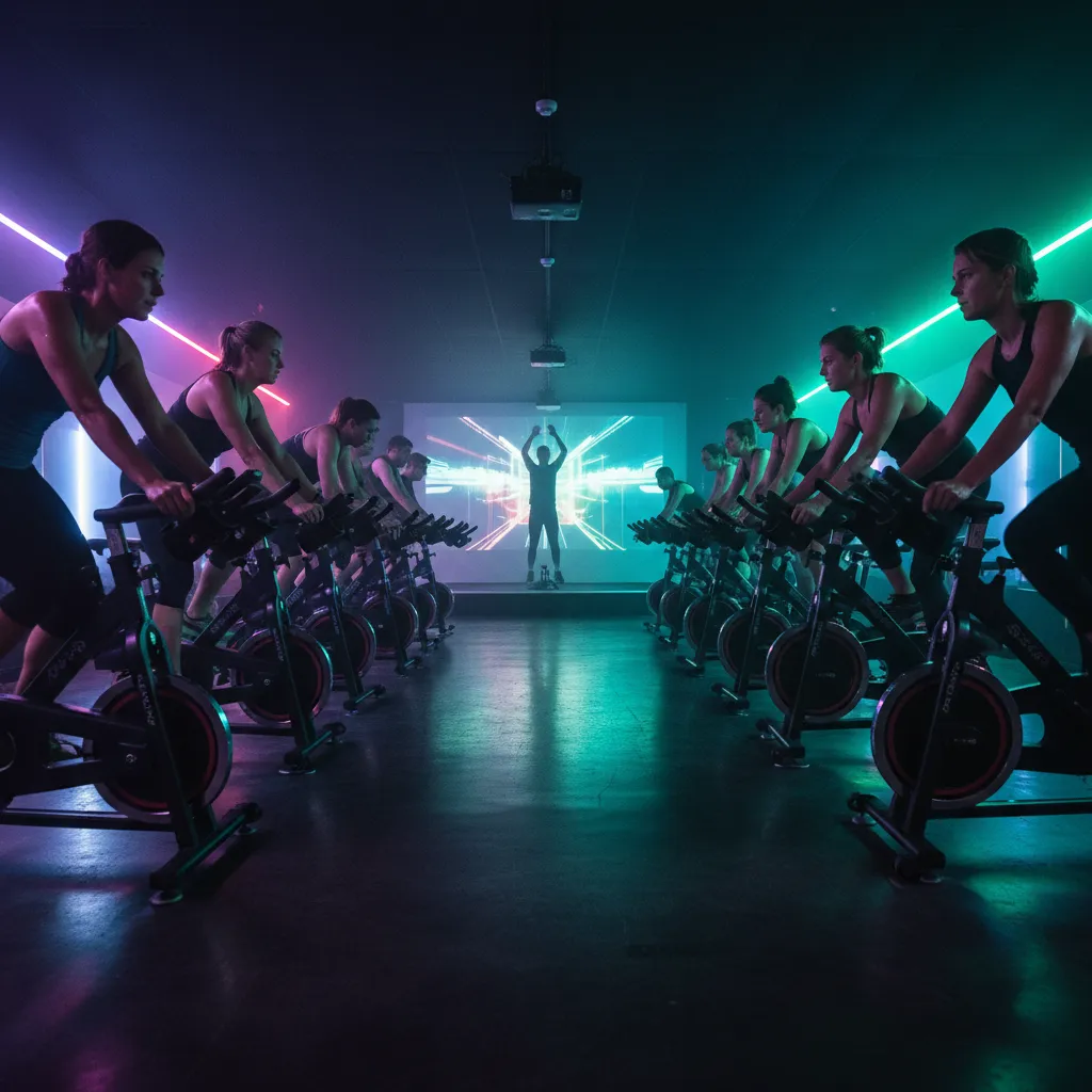 Indoor spin class in a dark studio with coloured LED lighting and row of people on stationary bikes