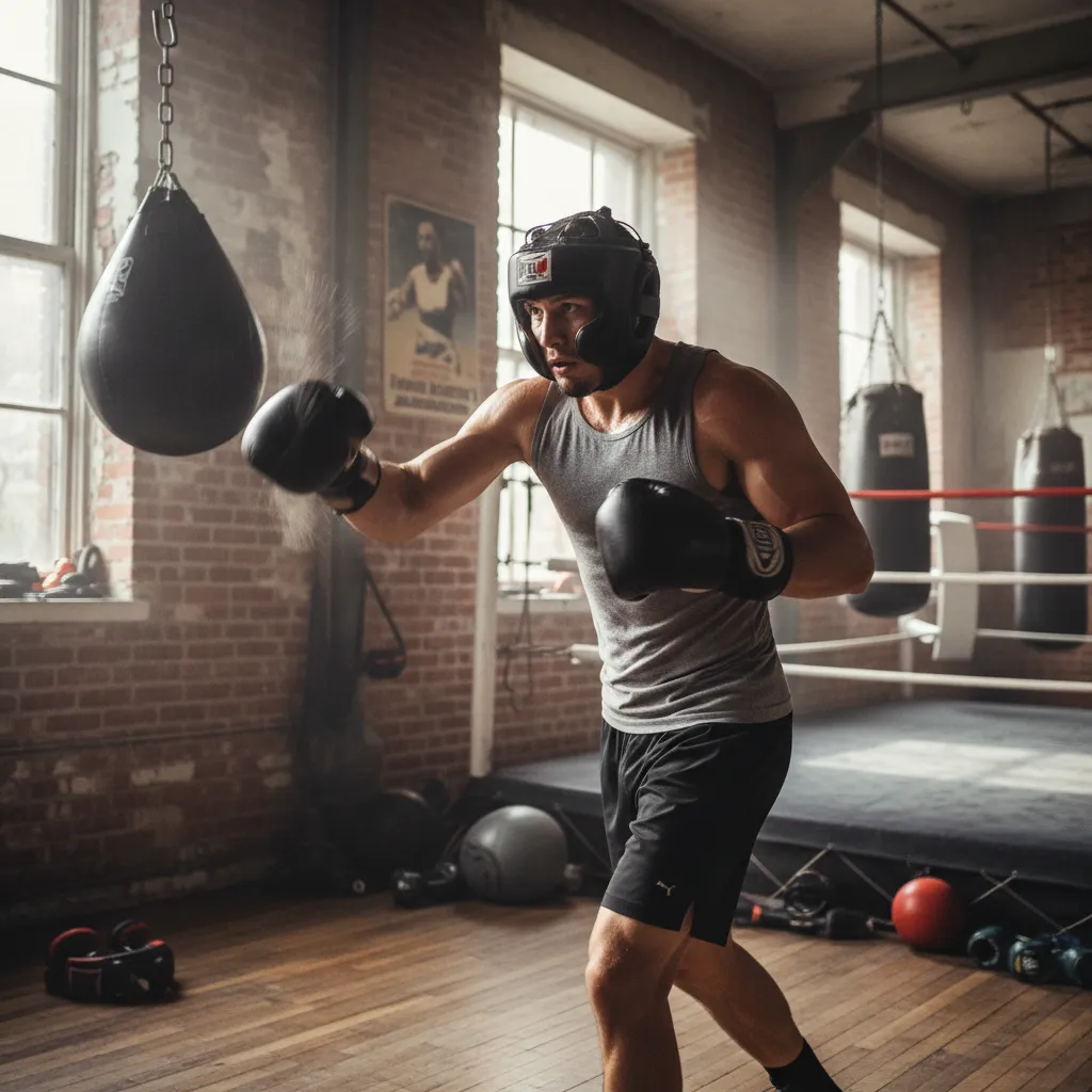 Boxer training on a speed bag with fast hands creating motion blur and focused expression