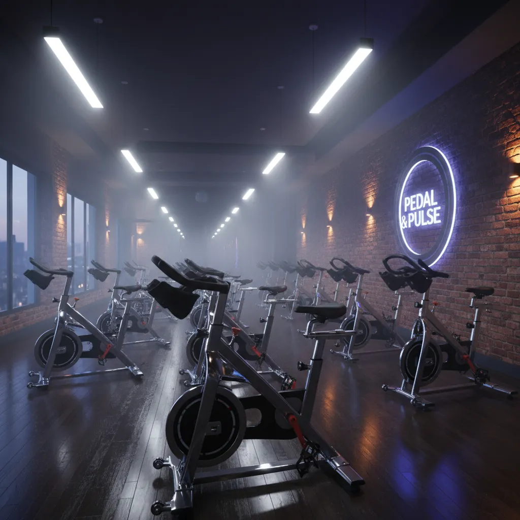 Row of empty spinning bikes in a boutique fitness studio with dramatic lighting and premium aesthetic