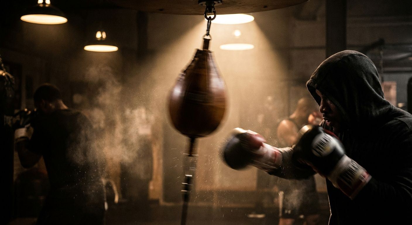 Boxer training with focus pads next to a spinning class in a dark studio with coloured lighting