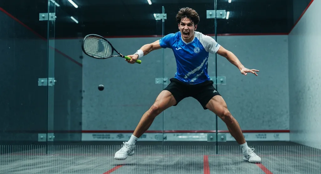 Squash player mid-swing hitting the ball on a glass-backed court in a dynamic action shot