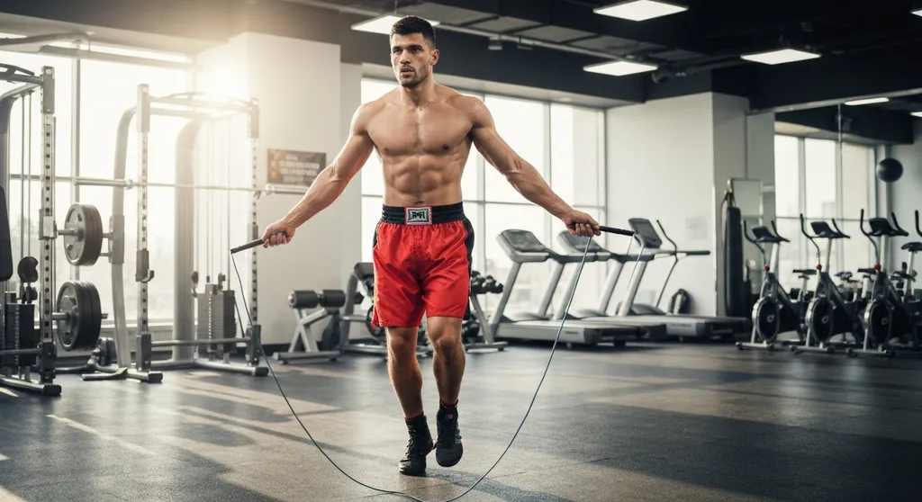 Boxer skipping rope in a gym showing footwork and coordination training