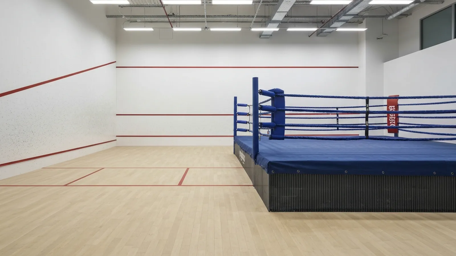 Split composition showing a squash court alongside a boxing ring with clean lighting