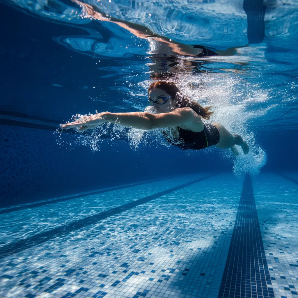Underwater view of a swimmer performing front crawl with bubbles and dramatic blue lighting