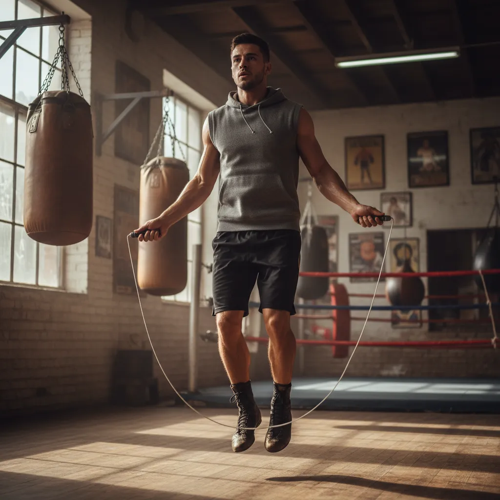 Boxer skipping rope in a traditional boxing gym with heavy bags in the background