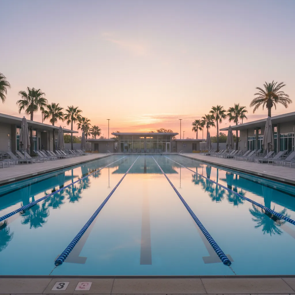 Public outdoor swimming pool at dawn with calm water and lane ropes visible