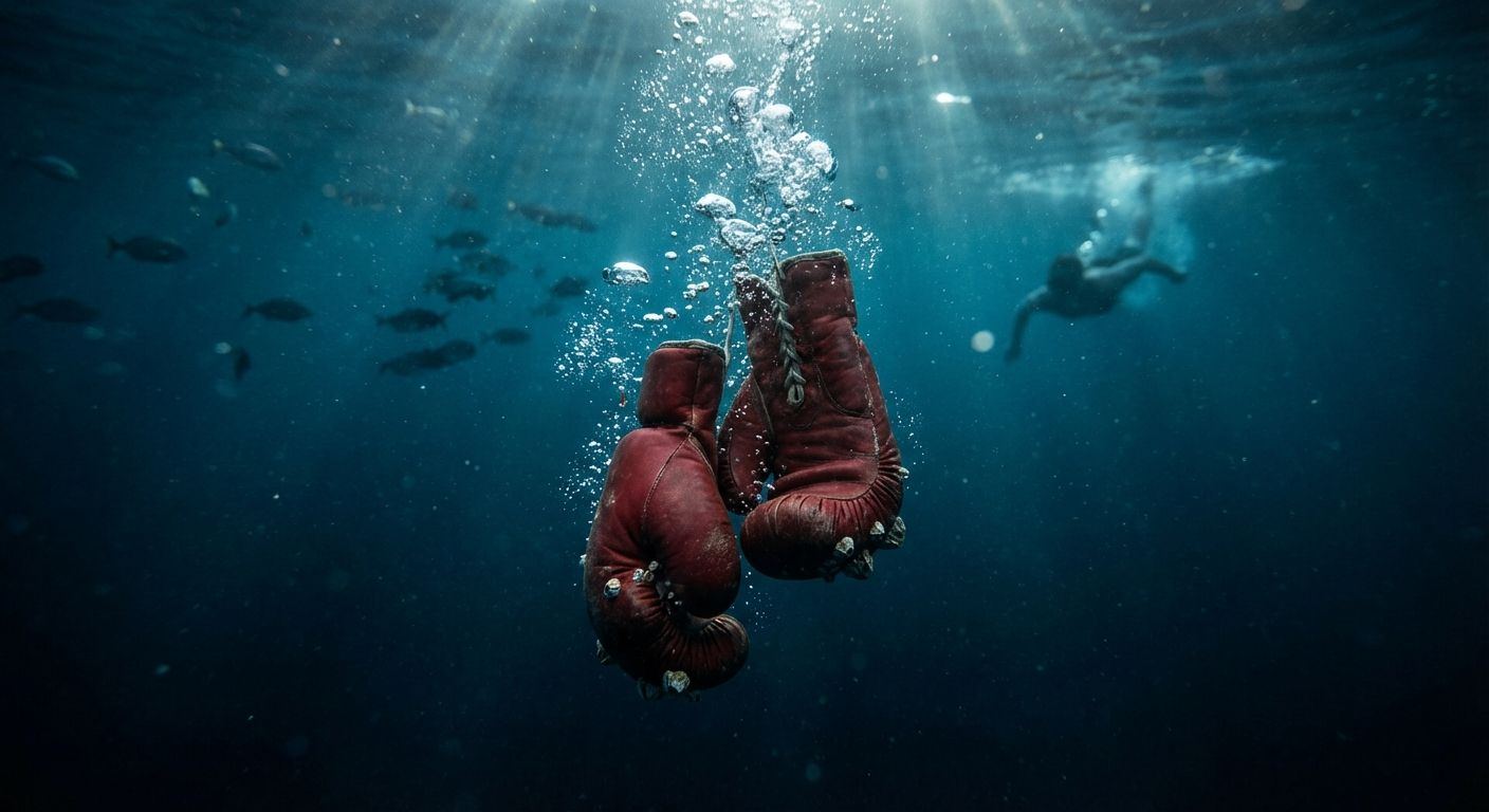 Boxer in stance next to a swimmer performing front crawl in a pool