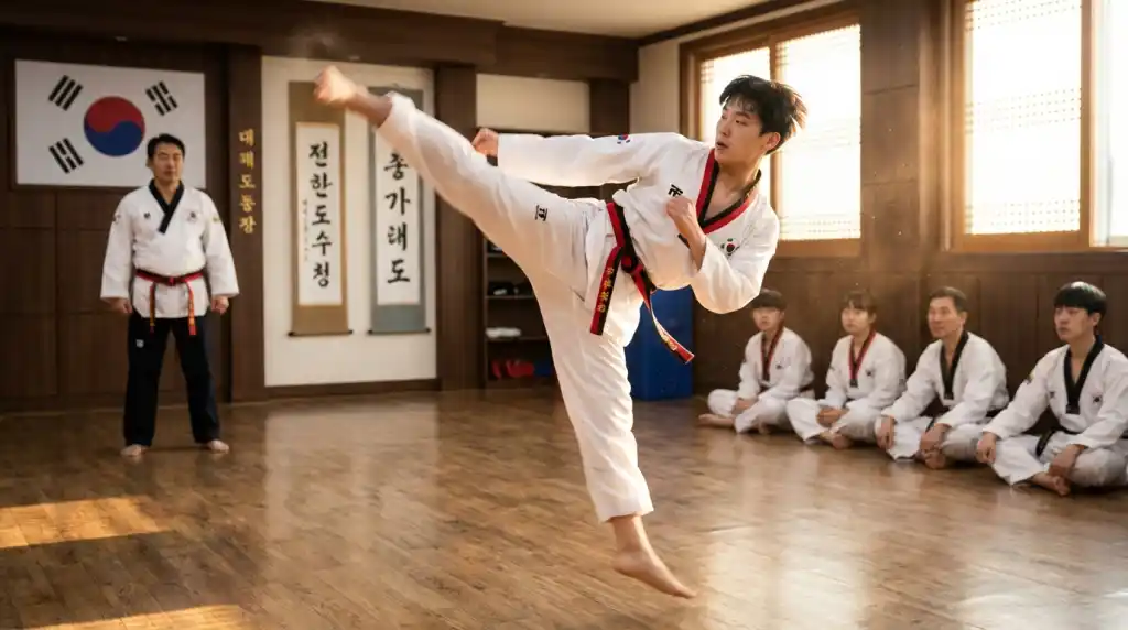 Taekwondo practitioner performing a high kick in a dojang, dynamic martial arts action