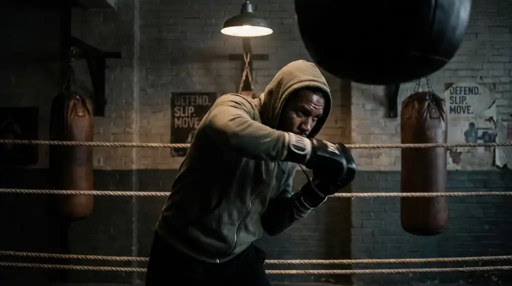 Boxer demonstrating defensive head movement and slipping technique in a dark gym