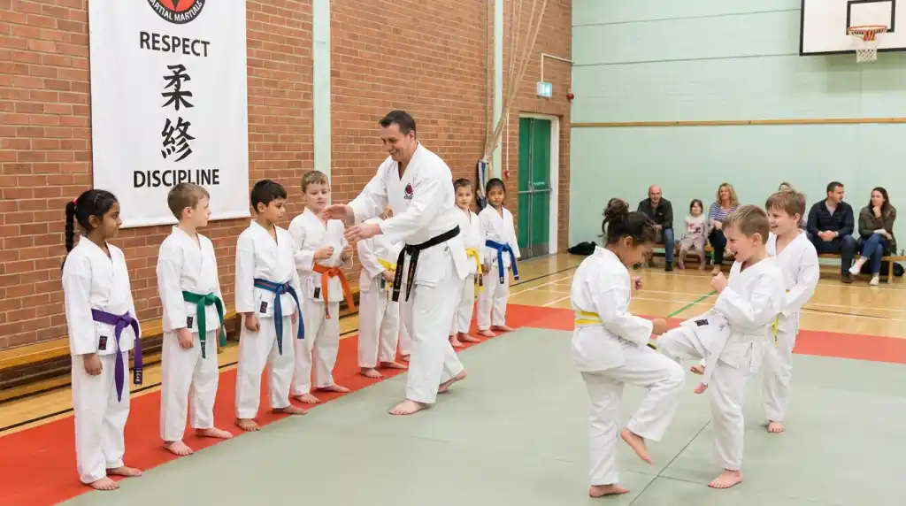 Young students training martial arts in a gym, kids class with mixed ages, positive atmosphere