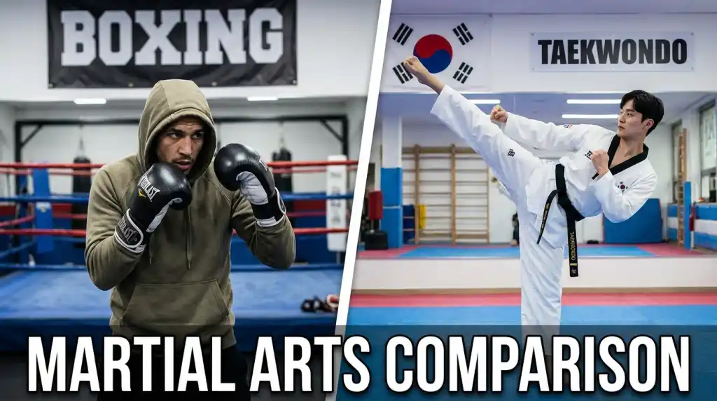 Boxer in fighting stance alongside a taekwondo practitioner in a high kick, martial arts compared