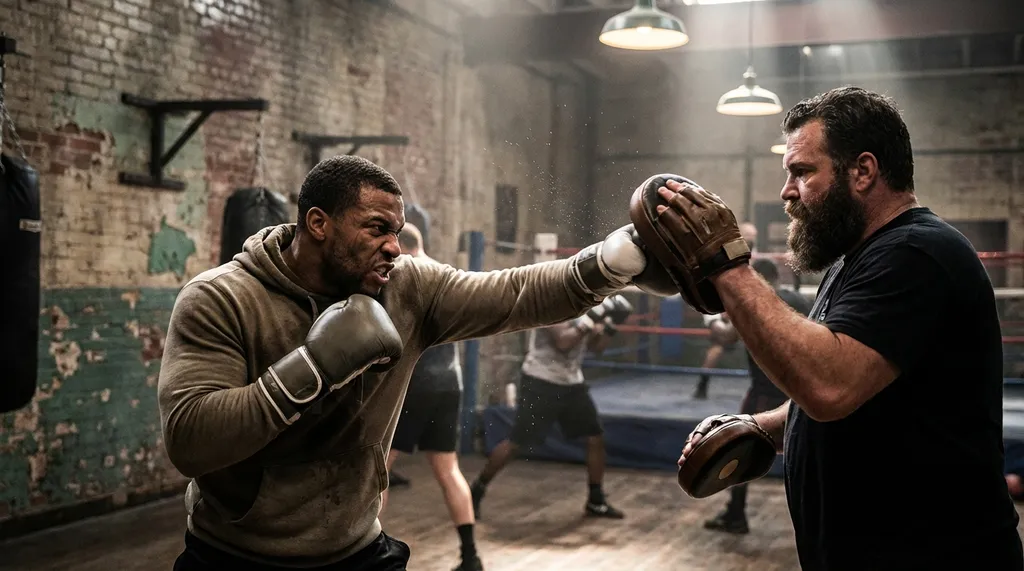 Boxer throwing a powerful jab at focus mitts held by a coach in a community gym, dramatic low lighting with visible sweat