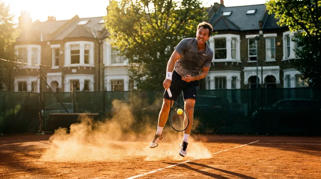 Tennis player mid-serve on an outdoor court with intense afternoon sunlight, athletic motion captured mid-air