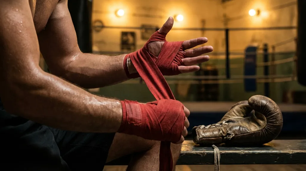 Close-up of a boxer wrapping hands with red hand wraps before training, focus on the preparation ritual in warm gym lighting