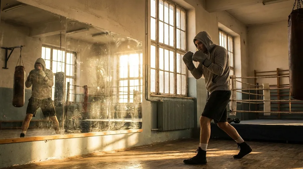 Boxer shadow boxing in front of a gym mirror in athletic stance, early morning light through windows