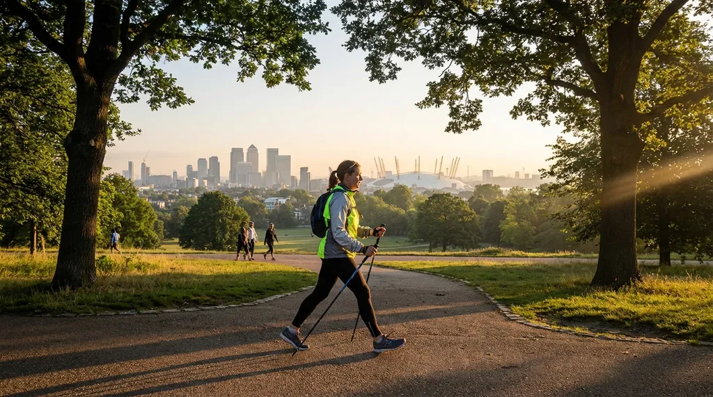 Person walking briskly through Greenwich Park at sunrise with the London skyline visible in the background