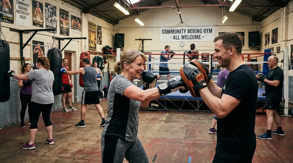 Boxing coach holding pads for a middle-aged woman throwing combinations in a community gym, inclusive atmosphere